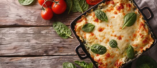 Poster - Background includes a fresh spinach salad and casserole alongside a homemade oven baked green lasagna with spinach infused dough ragu bechamel and parmesan cheese A copy space image is available