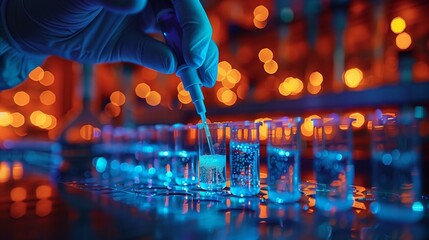 Poster - a gloved hand carefully drops liquid from a pipette into a beaker, with several other beakers arrang