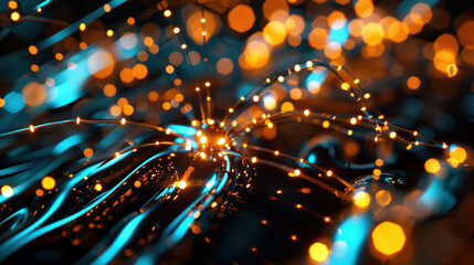 Poster - Abstract digital background with glowing orange and blue lines creating flowing waves and vibrant bokeh lights