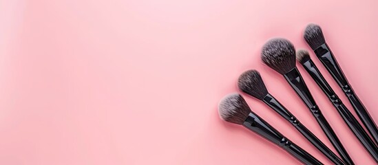 Poster - Makeup brushes on a soft pink backdrop ideal for showcasing in magazines or social media Top down view with ample copy space image