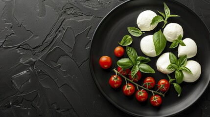 Canvas Print - Top-down view of mozzarella, basil, and cherry tomatoes on a sleek black plate, with generous copy space for text.