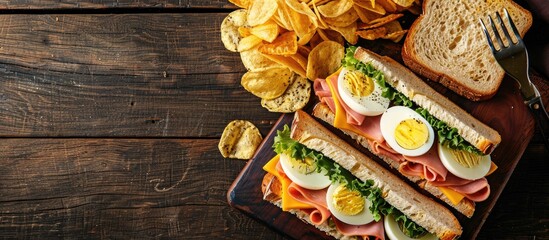 Aufkleber - Healthy fast food concept with copy space image showcasing a fresh club sandwich with ham cheese boiled eggs and potato chips on a wooden background