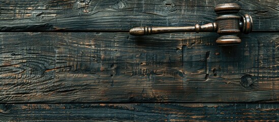 Poster - Legal concept illustrated by a judge s gavel on a dark wooden surface top view with space for text or images in the background. Creative banner. Copyspace image