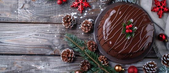 Aufkleber - Festive Christmas cake with chocolate icing displayed on a gray wooden backdrop featuring holiday decorations Top view with flat lay presentation and a spacious area for text or images