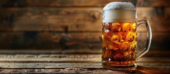 Poster - Oktoberfest themed pint of beer with a soft light setting on a rustic wooden backdrop with copy space image