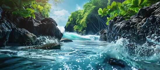 Poster - Vacation themed wallpaper depicting a serene seacoast with dark grey sea rocks adorned with lush greenery surrounded by waves with splashes of water including a copy space image