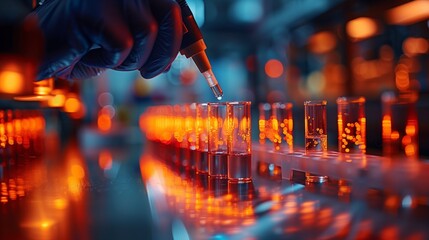 Poster - A hand in a glove drips liquid into test tubes in a lab lit with bright orange light, creating a dramatic and focused scene