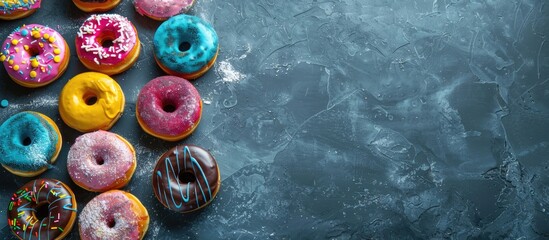 Poster - A variety of vibrant donuts displayed on a stone surface viewed from above with an empty area for text or images. Creative banner. Copyspace image