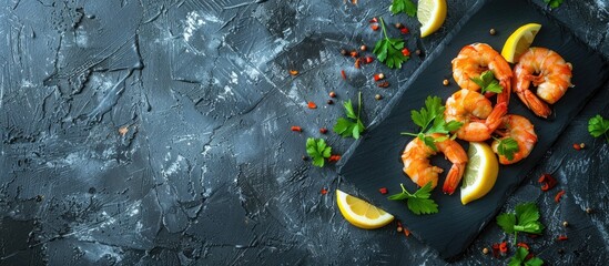 Poster - Seafood dish of cooked shrimp with parsley and lemon on a sleek black stone plate captured from above with a blank space suitable for adding text or images. Creative banner. Copyspace image