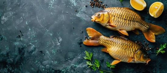 Poster - A pair of freshly caught carp showcased on a stylish dark blue kitchen countertop in a horizontal top view photograph with copy space image