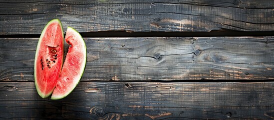Poster - A sliced watermelon on rustic wood with copy space for designers