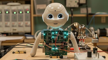 Poster - A humanoid robot stands on a workbench in a contemporary lab, surrounded by various electronic components and equipment, showcasing advancements in robotics technology