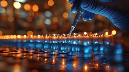 Poster - a scientist's hand drops liquid into glass containers, glowing blue from below