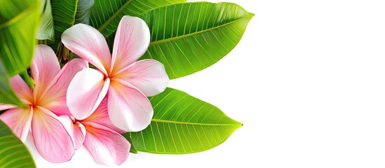 Poster - Pink plumeria flower and green leaves isolated on a white background perfect for a copy space image