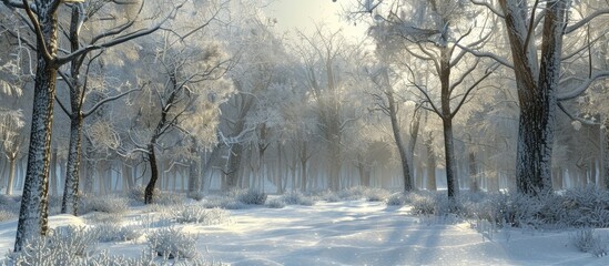 Aufkleber - Winter themed forest scene with snow covered trees and a serene atmosphere ideal as a tranquil copy space image free of any human presence