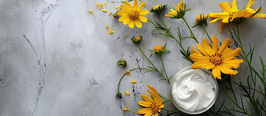 Poster - Yellow flowers on a gray background enhance the skin care concept in this natural organic moisturizer image with ample copy space