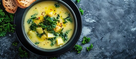 Poster - Homemade kale cream soup with potatoes bread on gray background with copy space image a healthy dish ready for enjoyment