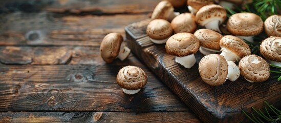 Sticker - Mushrooms on a wooden board with copy space image