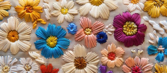 Poster - Embroidered flowers on a background suitable for adding text or images known as a copy space image