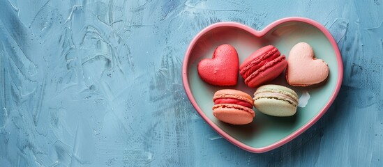 Aufkleber - Top view flat lay of a Valentine s Day greeting card with macaroons on a heart shaped plate against a blue background perfect for a copy space image
