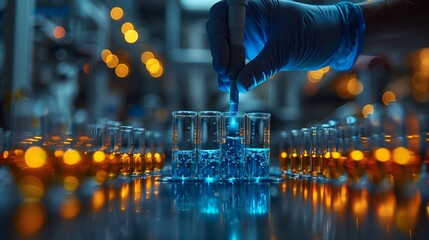 Poster - a close-up of a gloved hand carefully adding liquid from a pipette to a row of test tubes filled wit