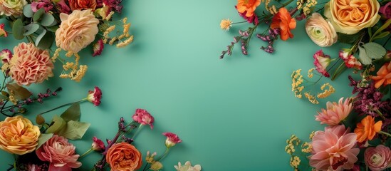 Wall Mural - Floral decorations arranged on a vibrant green backdrop featuring empty space for an image. Creative banner. Copyspace image