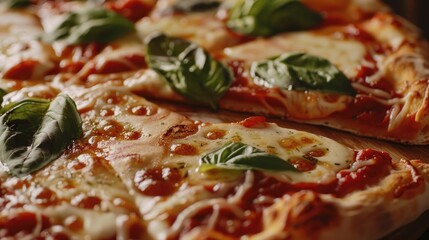 Canvas Print - Closeup shot of traditional Margherita pizza with hot melted cheese on a wooden table