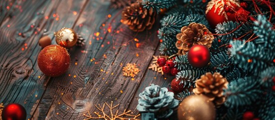 Poster - Festive Christmas and New Year s background with lovely decorations on a wooden surface including copy space image