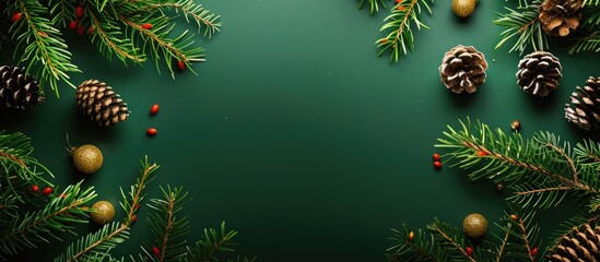 Fototapete - Green Christmas background with spruce branches cones and copy space image for text arranged flatly