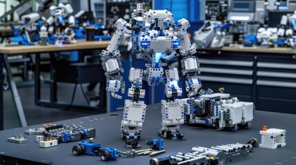 Poster - A humanoid robot stands on a workbench in a contemporary lab, surrounded by various electronic components and equipment, showcasing advancements in robotics technology