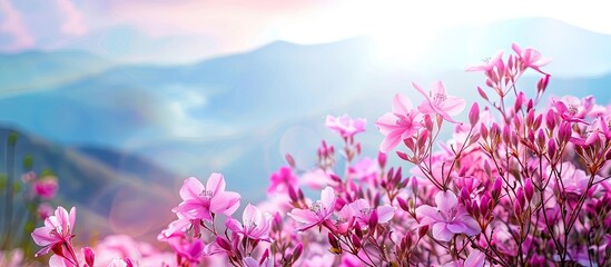 Poster - Vibrant pink flowers adorn a stunning summer landscape perfect for use as a copy space image