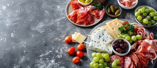 Sticker - Top view of a varied antipasto platter on a gray background with cold meats cheeses and grapes Ample copy space image available