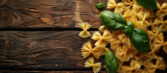 Aufkleber - A pleasing top view of farfalle and fresh basil leaves on a wooden table with copy space for text