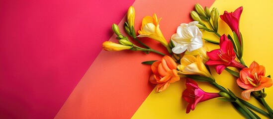 Poster - Top view of fragrant freesia flowers on a colorful background with ample copy space image
