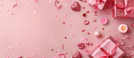 Leinwandbilder - Valentine s Day themed picture with gifts candles and confetti on a pink background Top view with ample copy space for a postcard or message