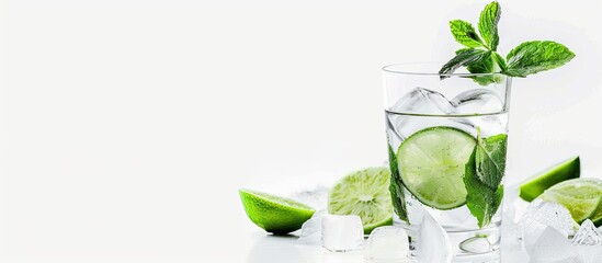 Poster - Transparent alcohol in a glass with lime and mint leaves against a white background with empty space for text or other elements in the image. Creative banner. Copyspace image