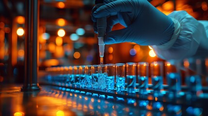 Poster - a gloved hand carefully dispenses liquid from a pipette into a row of test tubes in a laboratory.