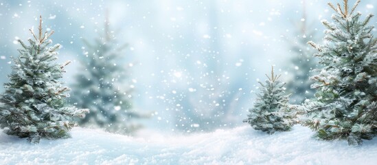 Aufkleber - Winter landscape with snow covered Christmas trees providing a holiday themed backdrop with ample copy space image for Merry Christmas and Happy New Year greetings