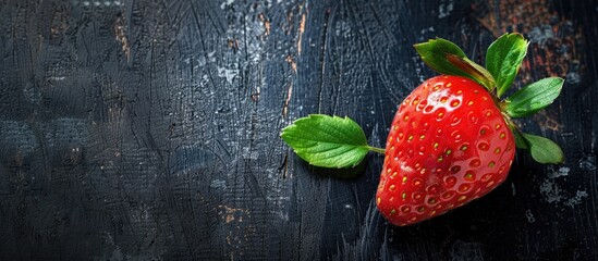 Aufkleber - Top view of a ripe strawberry with leaves on a dark wooden surface ideal for a copy space image