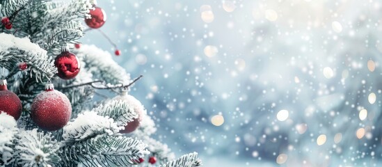 Fototapete - Snow covered Christmas tree adorned with baubles with copy space image