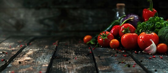 Poster - Vegetables fresh for cooking displayed on a rustic wooden table in a copy space image