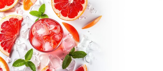 Aufkleber - Red drink with ice grapefruit and mint on a white background suitable for including text or design in the empty area. Creative banner. Copyspace image