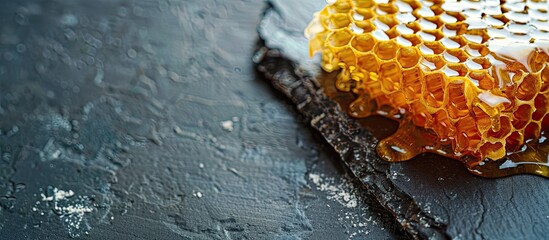 Poster - Honey drizzled over honeycomb on a slate board with room for a copy space image