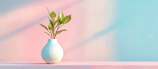 Poster - Spring concept depicted with a gypsum vase displaying fresh leaves sprouting against a pastel pink and blue backdrop perfect for a copy space image