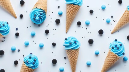 Wall Mural - Vibrant ice cream cones with blue and black balls on white background viewed from above