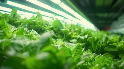 Poster - Lush lettuce plants thrive in a hydroponic system illuminated by bright LED lights, showcasing sustainable farming indoors.