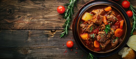 Aufkleber - Rustic image of a healthy meal snack with goulash meat stew vegetables and pork on a table outdoors offering copy space for text in a top view shot