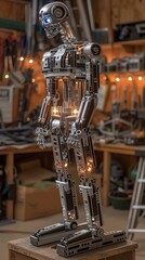 Poster - A humanoid robot stands on a workbench in a contemporary lab, surrounded by various electronic components and equipment, showcasing advancements in robotics technology