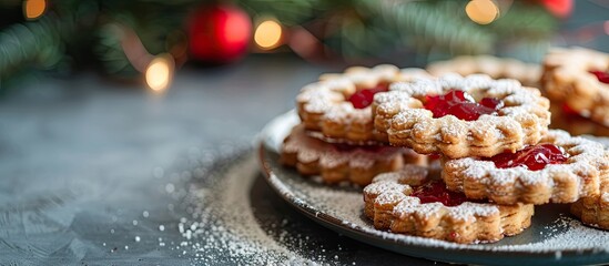 Poster - Traditional Christmas Linzer cookies are Austrian treats with red jam and powdered sugar on top perfect for a copy space image