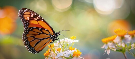 Poster - A queen butterfly Danaus gilippus perched on a flower with a blurred background ideal for a copy space image